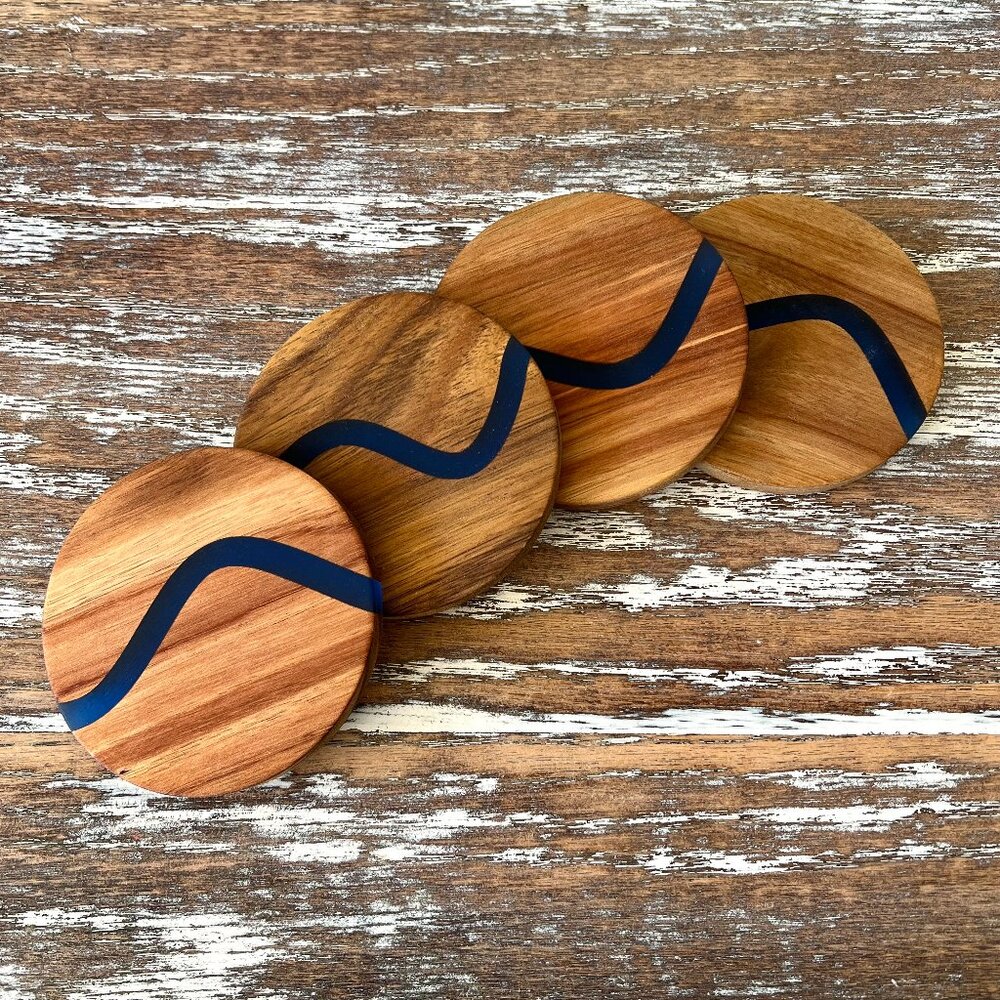 Blue Resin River Wood Drink Coasters Set of 4 Housewarming Gift Kitchen Table